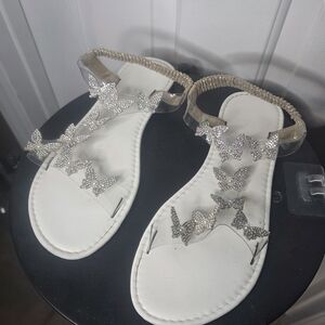 Rhinestone Butterfly White Flat Sandals